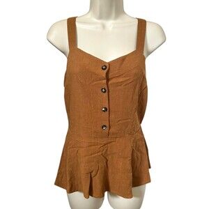 Monteau LA Junior's Linen Blend Peplum Top w/ Buttons Sleeveless Size L Cognac